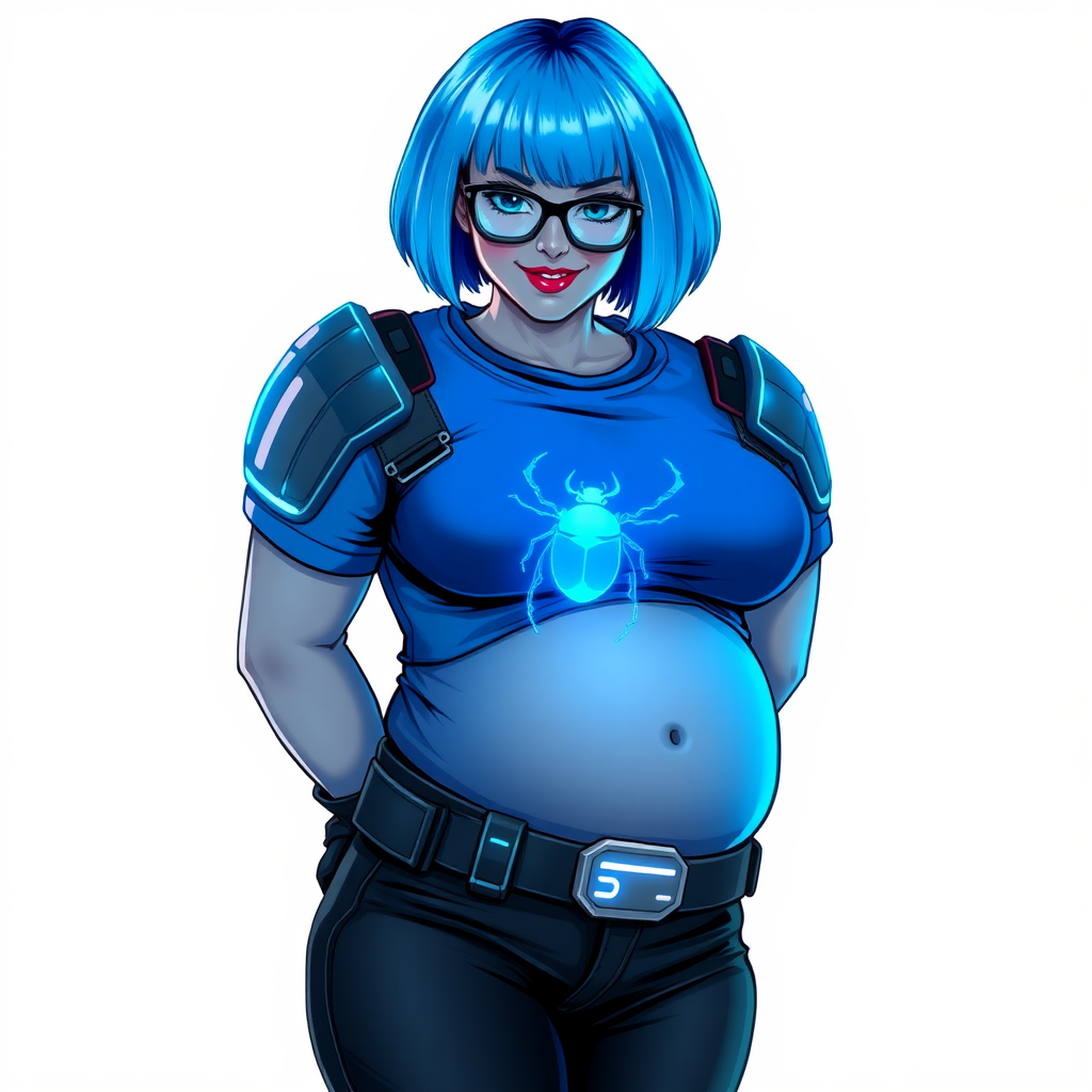 A 28-year-old, full-figured, metallic middle gray skinned cyberpunk computer program hybrid with a short maximum blue bob cut. She has a non-athletic build, highlighted by a prominent, round midsection (with a focus on her round belly). As a digital sidekick to her cyberpunk vigilante boyfriend, her middle gray metallic skin and maximum blue lipstick emphasize her digital nature. She wears a digital, computerized, costume consisting of a huge, tight-fitting, neon blue glowing armored, maximum blue t-shirt (accentuating her belly) with a neon blue glowing chest icon of a beetle, black pants, a black belt with a neon blue glowing digital beetle buckle, and black hi-tech gloves. Her bright blue eyes, black eyeglasses with lenses glowing bright neon blue, and shy smile with neon red blush accentuate her nerdiness. She bashfully bows her head (while still facing the screen) with her hands behind her back, her t-shirt covering her midsection (especially her belly) and emphasizing her full-figured, non-athletic physique. She is on a solid white background. She is drawn as if she was in a retro 2D cyberpunk fighting game. She is clearly non-athletic, with a focus on her full figure. Make sure her outfit covers all of her bare skin (especially her midsection).