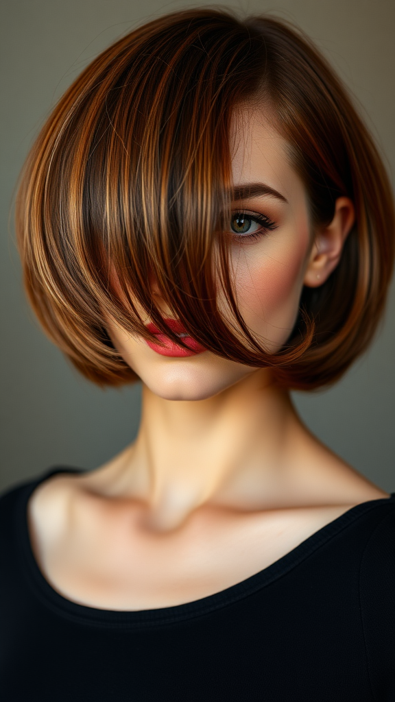 Beautiful model Anne Hathaway with a Bowl Cut hairstyle in different shades of color, with autumn chestnut foliage, in high definition.