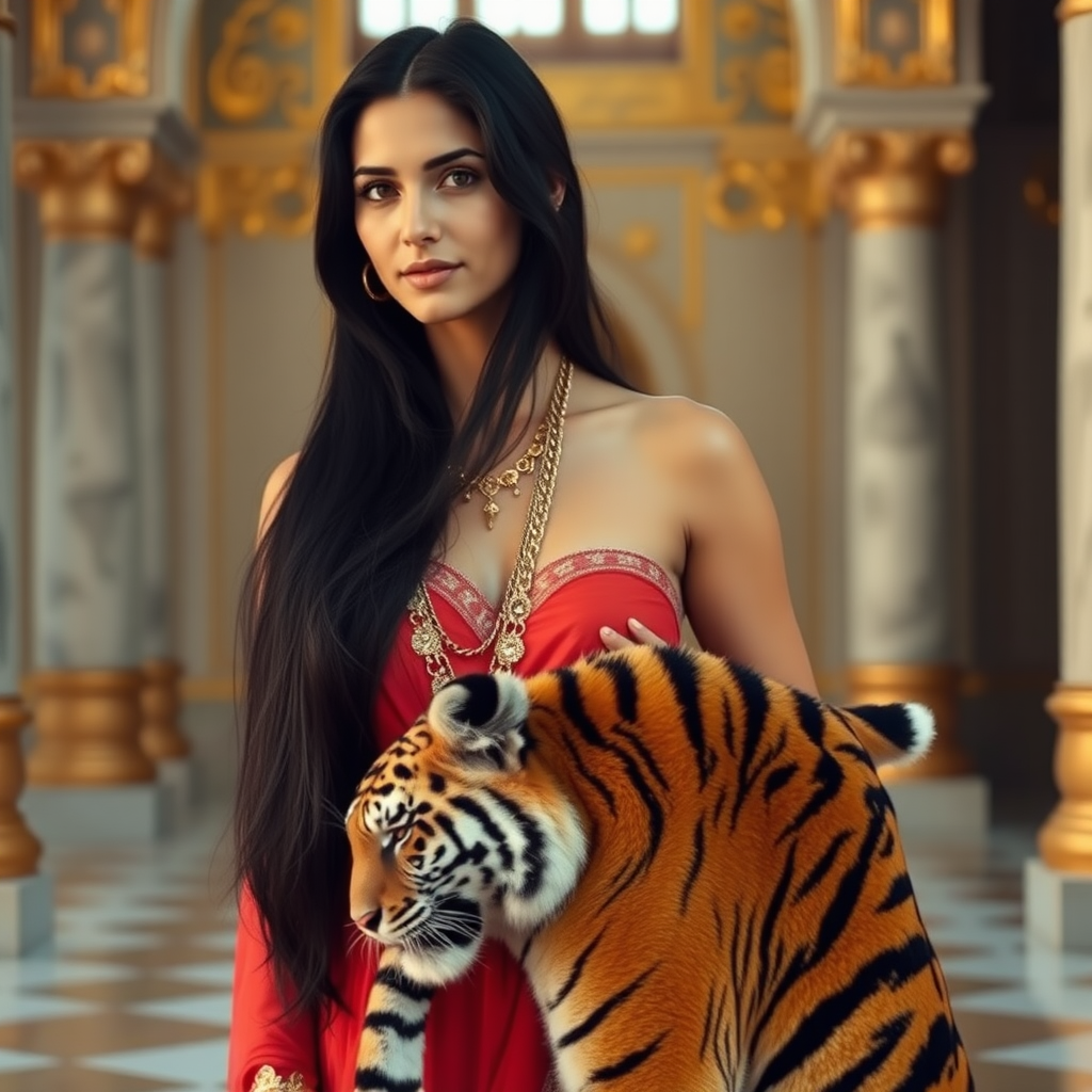 An Arabic princess of 19 years standing in the palace. Long black hair. A tiger on her side is rubbing his head at her waist. Photo.