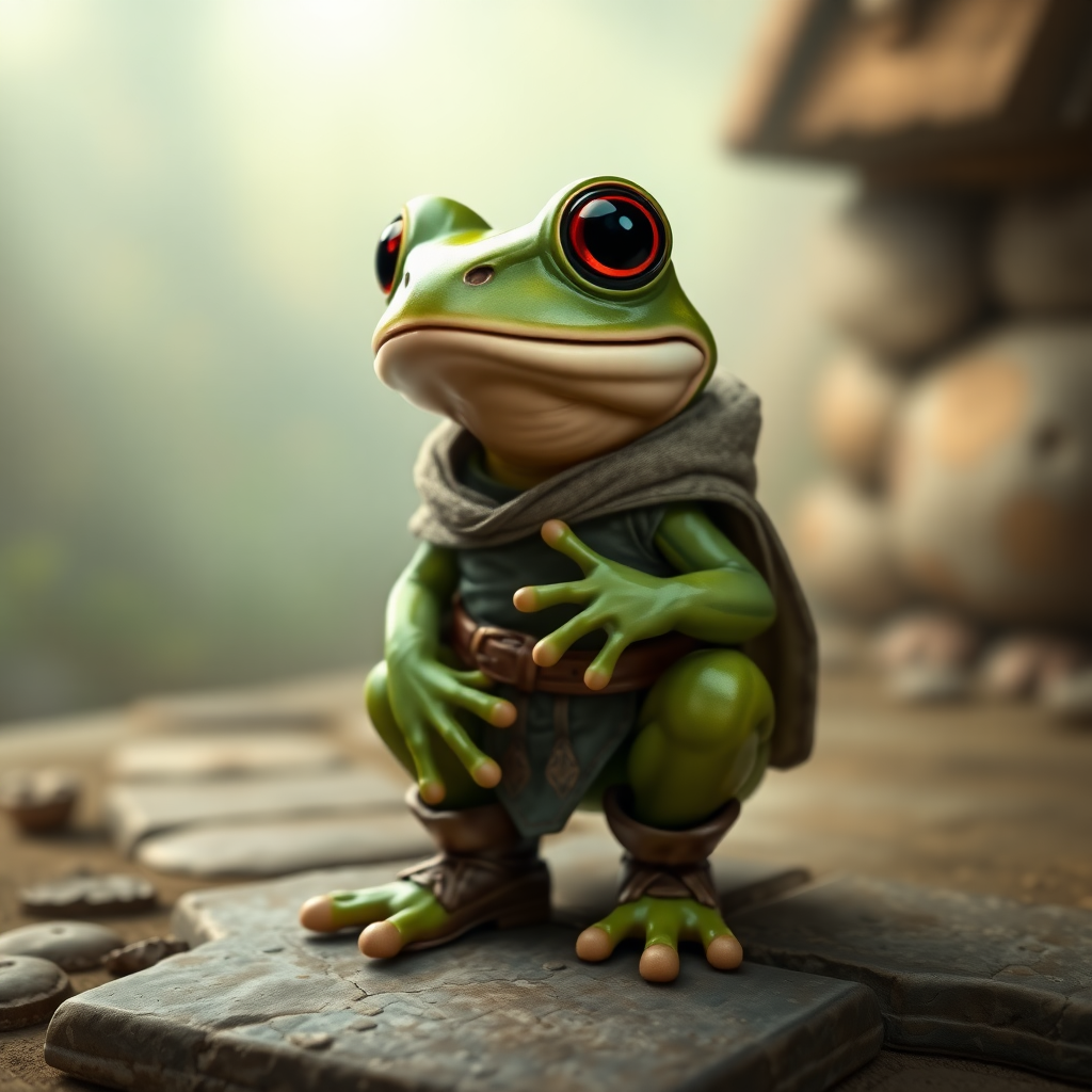 Anthropomorphic baby frog in a medieval setting and clothing and shoes