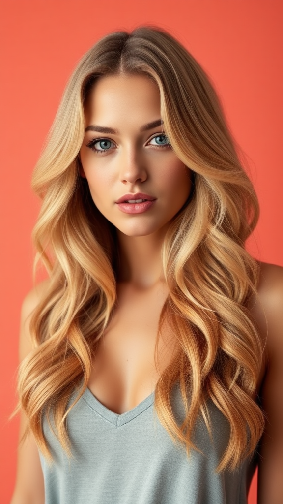 Candice Swanepoel with wavy blonde hair with orange highlights, solid color background, in high definition.