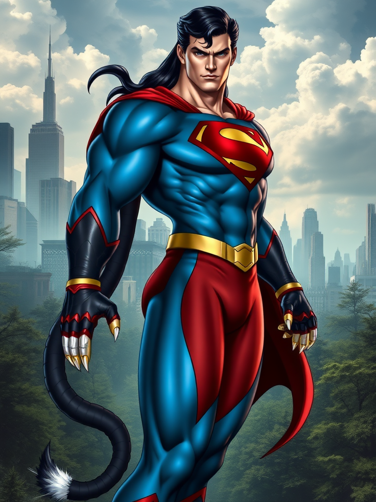 Create a full-length image of Superman with the female body traits of Felicia from Darkstalkers. Keep Superman's head and face but imbue the physique with a lithe, athletic build, muscular yet feminine, with defined curves. Retain the core Superman costume but modify it to fit the new physique, incorporating feline elements from Felicia's outfit, such as claw-like gloves, fur accents, and a tail. The background should blend Metropolis with a fantasy world, featuring skyscrapers intertwined with mystical forests, creating a harmonious setting that complements both characters.