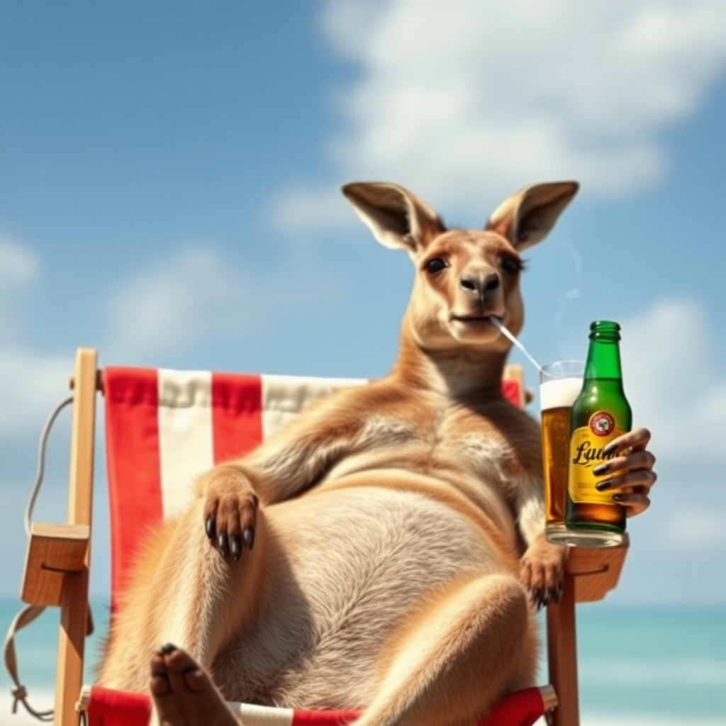 A realistic photo of a kangaroo sitting in a beach chair, he is smoking a cigarette and is holding a beer.