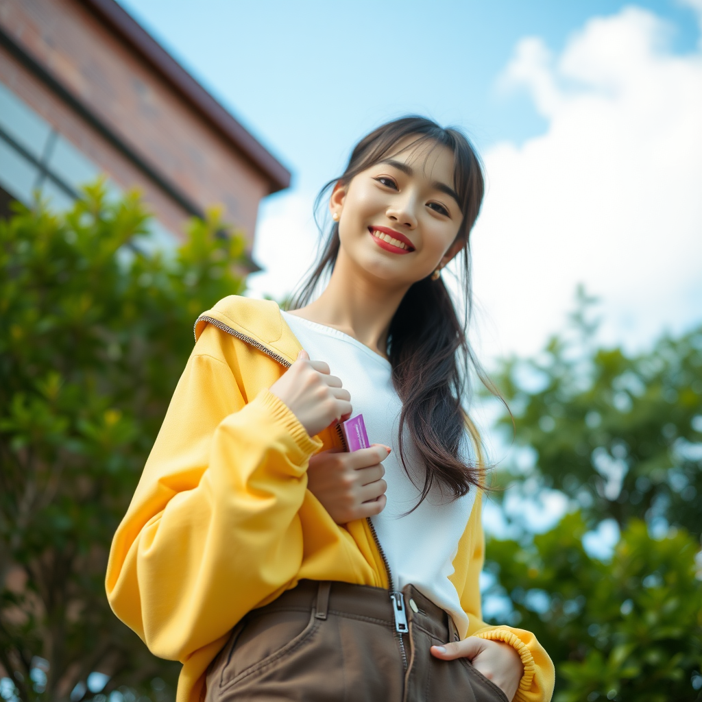 photo low angle full body shot beautiful xiaomeimei smiles and holds something near her pants zipper