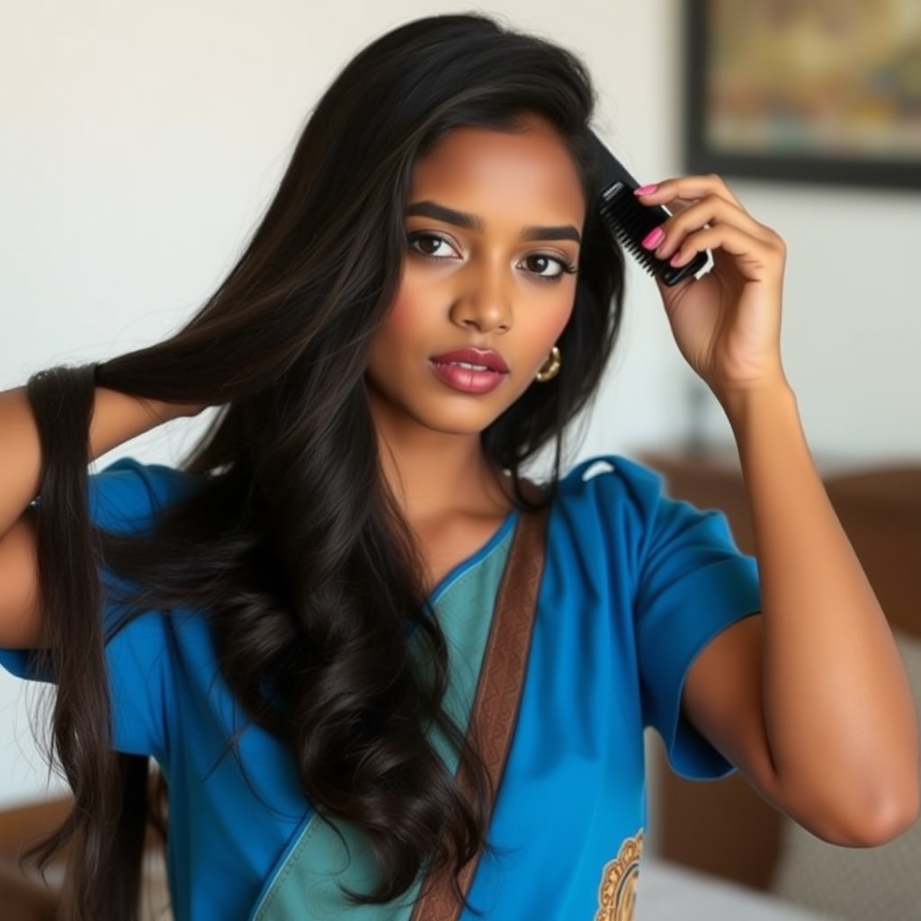 A attractive Sinhalese woman in her 20s brushing out her long hair