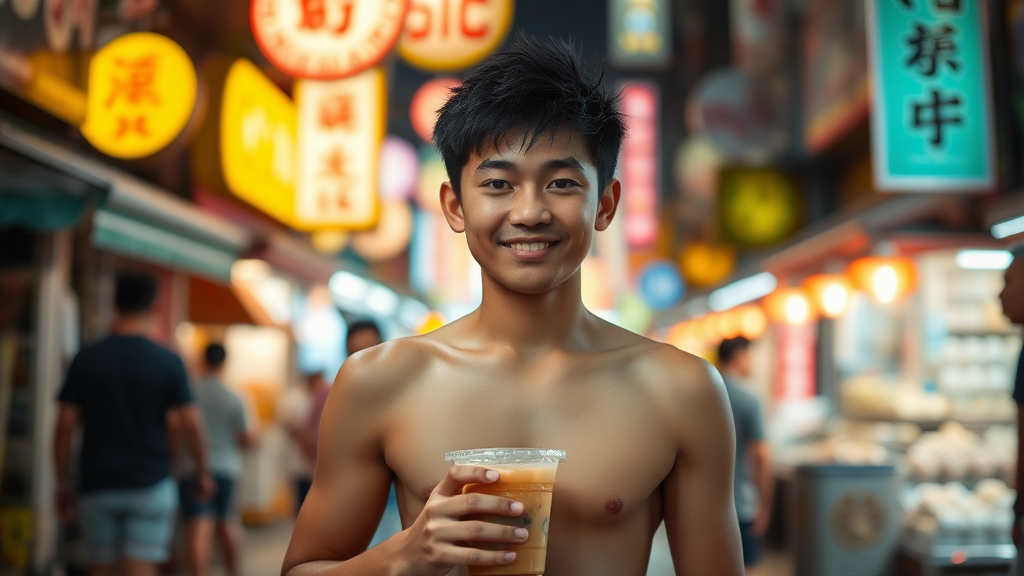 A vibrant city street at night, illuminated and blurry, a Taiwanese boy strolling through a night market, facing forward with a sweet smile, robust build and fair skin, upper body exposed, holding a cup of bubble tea.