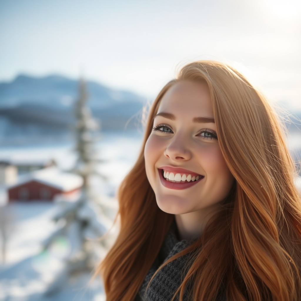 beautiful young woman with lush ginger cherry blonde long hair, happy full lips, on Alaska Anchorage in sunny snow