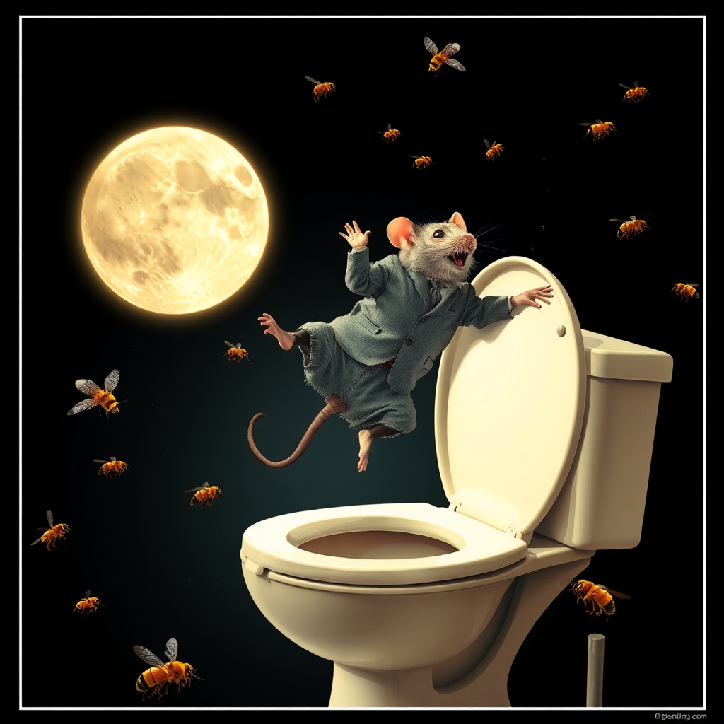 A rat politician diving off the moon into a toilet, bees, 2000s musical movie poster, no text, cyberpunk