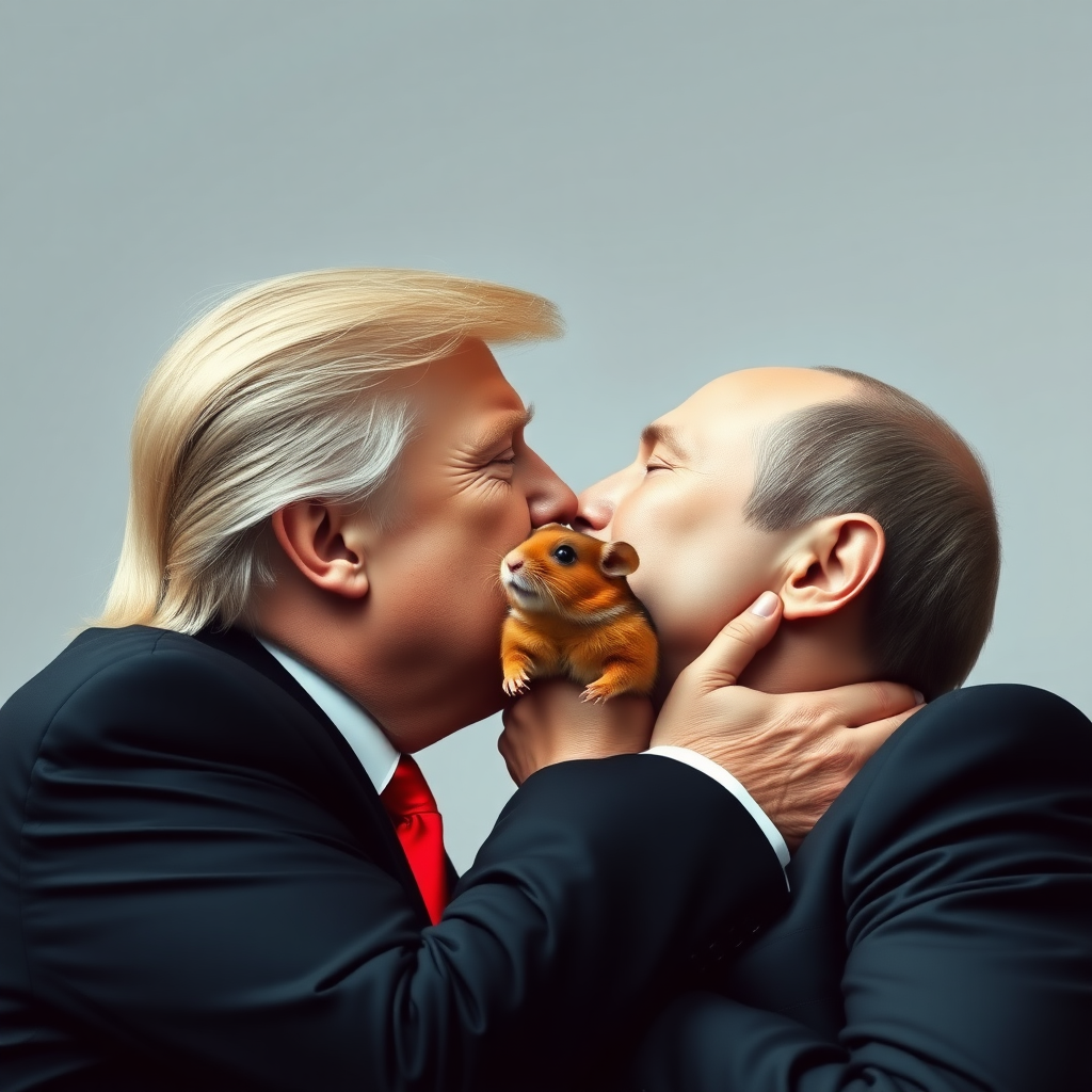 Donald Trump and Vladimir Putin kissing passionately while a hamster watches