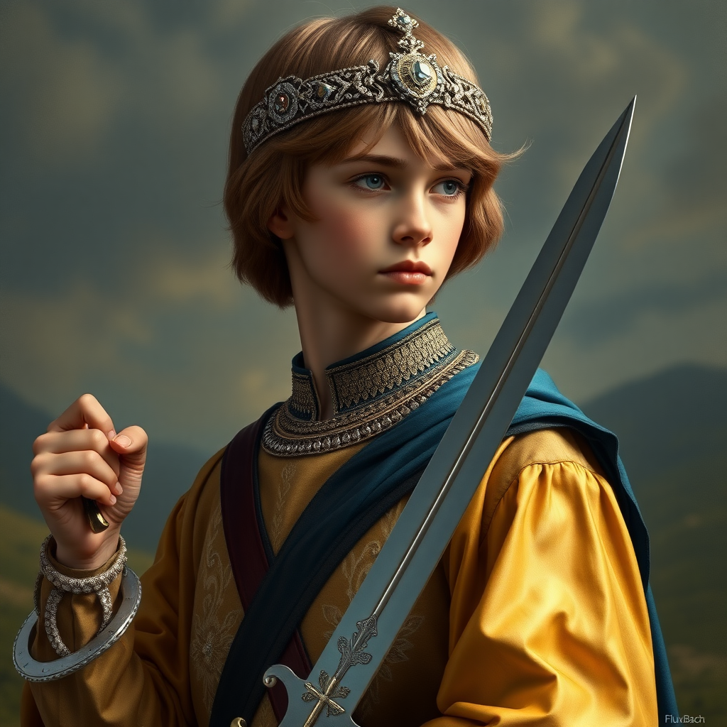 16yo teen boy prince holds his one small sword in a scabbard in his right hand by the hilt, long bob cut, embroidered with gold and diamonds medieval cloths, diamond diadem, and Beautiful War, natural Skin Texture, visualization of embossed Skin using the play of light and shadow. Free style by 50% Adolphe William Bouguereau and 15% Sandro Botticelli and 35% Otto Lomüller, The background is in the style of landscape style by Antonio del Polaiolo. Studio lighting, professional lighting. Generating the signature at the bottom: FluxBach. ultra high resolution, 16K,