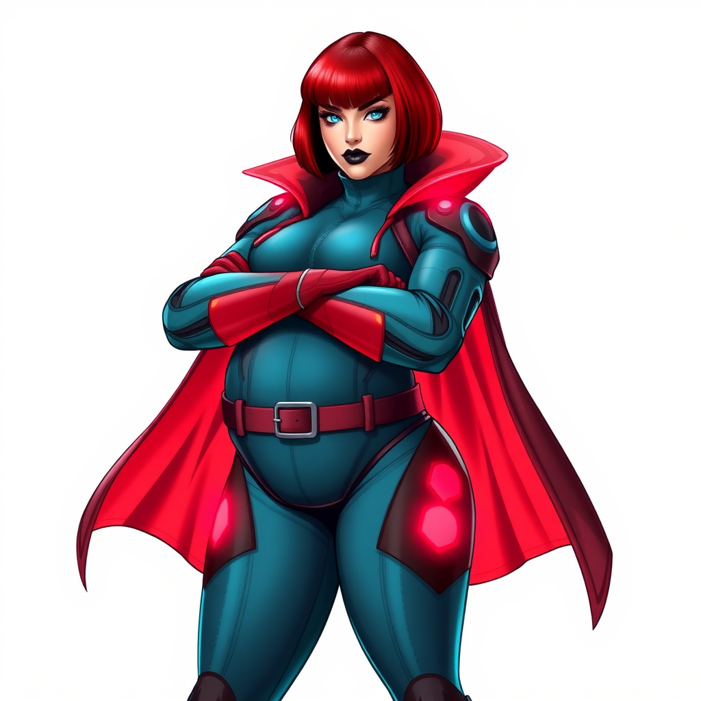 A 26-year-old, heavily-pampered, full-figured, mystical vigilante detective ally of her cyberpunk vigilante older brother figure with a bright red bob cut, black lipstick, and piercing bright blue eyes. She has a new non-athletic build, now highlighted by a prominent, round, gargantuan midsection (with the full emphasis on her gargantuan belly), which shows the aftermath of her pampering. Despite her new physique, she displays her usual confidence. She wears a huge, high-tech, tight-fitting, maximum turquoise biker suit (accentuating her gargantuan belly), complemented by a glowing neon red cape and high-tech red gloves. Her stance is firm and resolute, arms crossed, exuding a no-nonsense attitude. Her costume reflects the influence of DC New 52 Prime Earth’s Phantom Lady, Jennifer Knight, while her pose embodies the moral ambiguity and determination reminiscent of DC’s Pax Americana’s The Question. She is on a solid white background. She is drawn as if she was in a retro 2D cyberpunk fighting game. She is clearly non-athletic, with a focus on her full-figured physique. Her belly is fully bloated to emphasize her non-athletic figure. Make sure that her biker suit covers all of her bare skin (especially her gargantuan midsection).