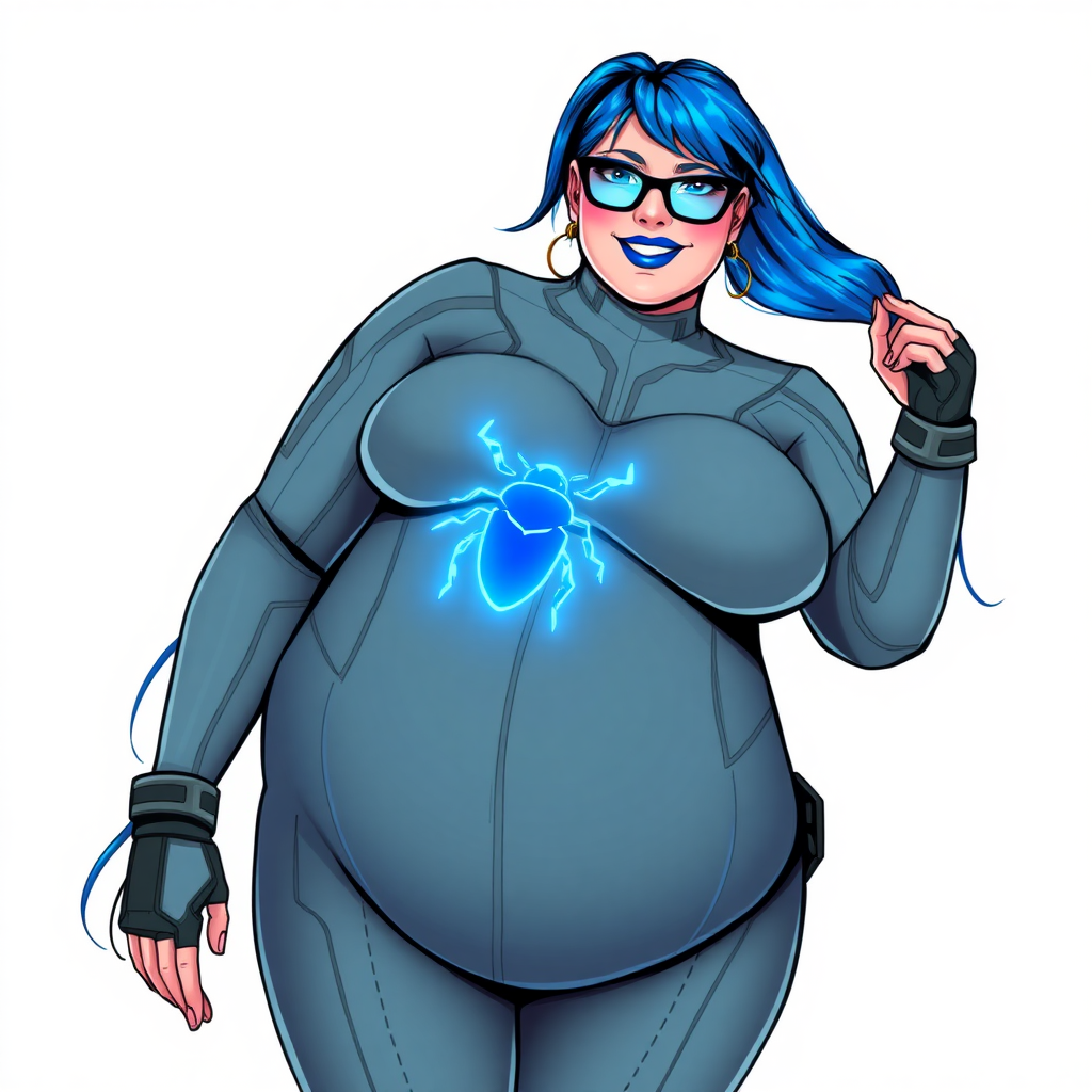 A 28-year-old computer science major embracing her new life as her cyberpunk vigilante boyfriend's nerdy, full-figured middle gray-skinned computer program hybrid girlfriend with a long, maximum blue ponytail. She wears maximum blue lipstick and has bright blue eyes. Her outfit includes a digital, computerized, middle gray bodysuit (accentuating her gargantuan midsection) featuring a neon blue glowing beetle chest icon. She sports black eyeglasses, with a beaming smile and neon red blush. Her full figure reflects the doting care of her vigilante boyfriend. She uses her power to hack into computers and machines to serve as her hero's minicomputer operating out of his hi-tech wristwatch and supercar's supercomputer. The background is solid white. She has a prominent, round, gargantuan midsection. Her midsection is bloated to emphasize her physique. Her middle gray metallic skin shows her digital nature. She is drawn as if she was in a retro 2D cyberpunk fighting game.