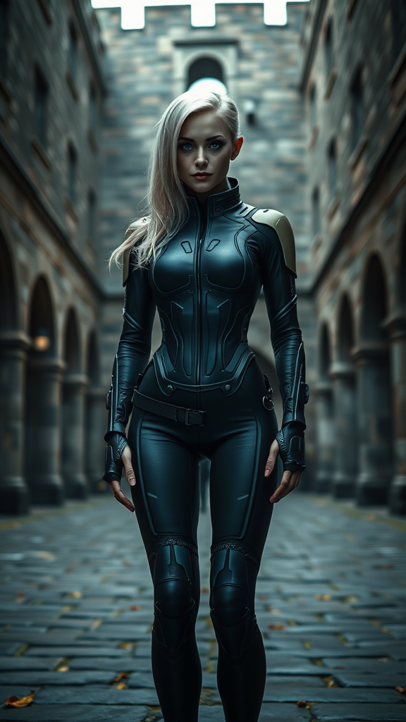 a photo of a 18 year old (platinum blonde) woman wearing a futuristic cyberpunk jumpsuit, (standing), skinny(narrow hips, slim petite body), (small breasts), in an ancient castle courtyard, (cinematic), (dark, high contrast), (intricately detailed eyes), real (skin textures), (subsurface scattering)