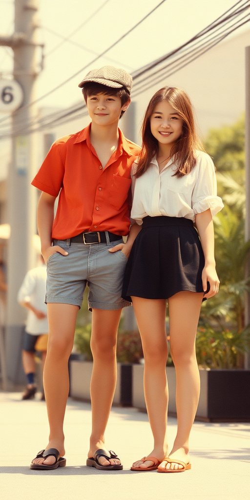 Vintage photo, 1980s. Hot summer. Japan. Tall 14yo teen boy wearing shirts, tight booty shorts, long legs, bare thighs. With a girl wearing shirt, long skirt. Full length view.