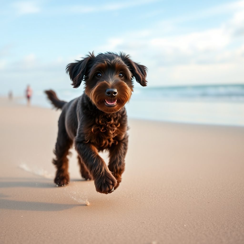 cute dark chocolate colored cockapoo, playing on the beach, ultra realistic, ultra detailed, 50mm photo, riding a bike