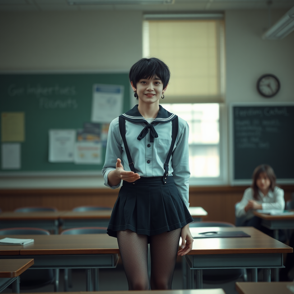 photorealistic, ultra high resolution, 16K, surreal fantasy, soft studio lighting, a pretty 17 year old goth male, slim male physique, short dark hair, blue eyes, goth makeup, earrings, sheer pantyhose, UK girls-school uniform, Mary-Jane shoes, standing in the classroom delivering a talk, excited smile, facing the camera.