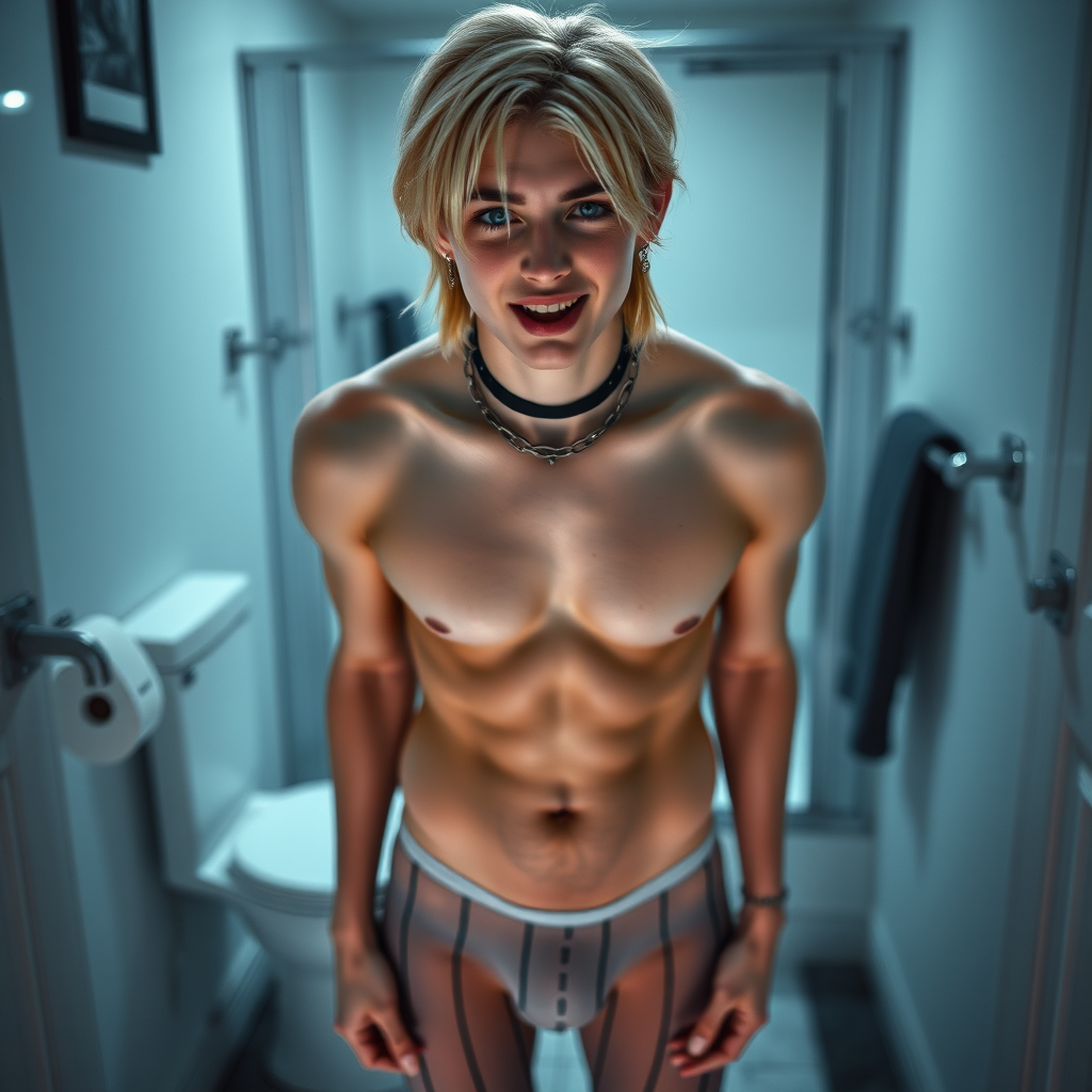 photorealistic, ultra high resolution, 16K, surreal fantasy, soft studio lighting, Caleb Swift is a pretty 16 year old goth male, slim male physique, shoulder length blonde hair, blue eyes, goth makeup, earrings, white & black vertically striped pantyhose, spikey neck collar with chain, standing on the floor of the bathroom, aroused excited smile, bulging crotch, full body front view of Caleb facing the camera.