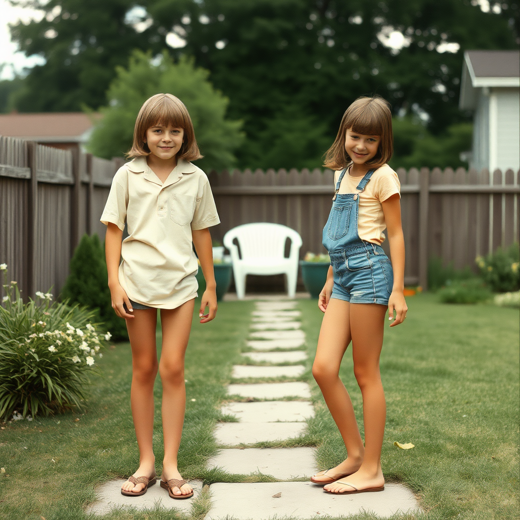 two tall 14yo teen boys, long hair bob cut, wearing shirts and very tight booty shorts or denim tight booty Shortall, long legs, narrow thighs, full-length front view. 1970s. Playing at backyard. photorealistic, ultra high resolution, 16K, Negative: grainy, blurry, bad anatomy, extra limbs, watermark.