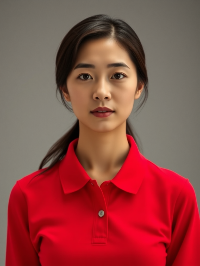 A Asian woman wearing a red long-sleeved polo shirt. full body, front view, looking at viewer.