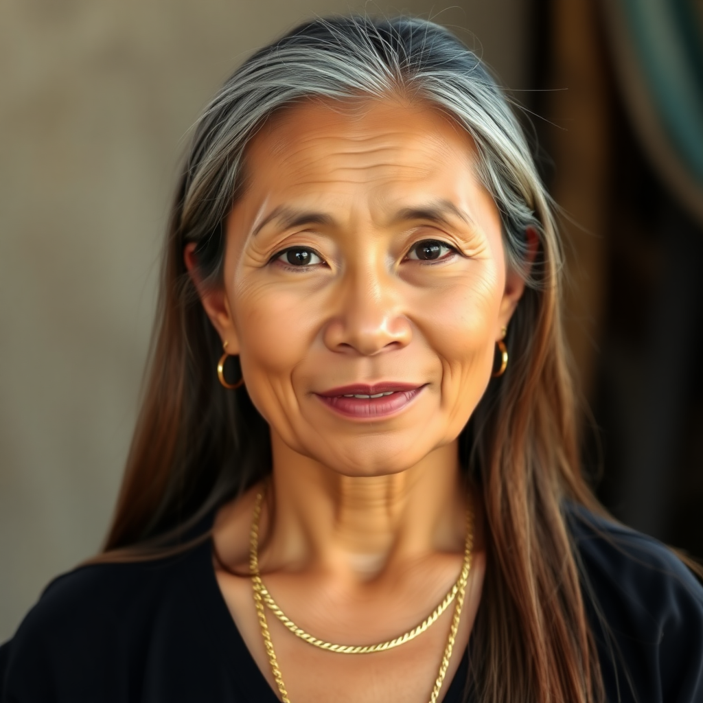 A 50 year young North-East Thai woman with uncolored long straight hair and a fine gold chain.