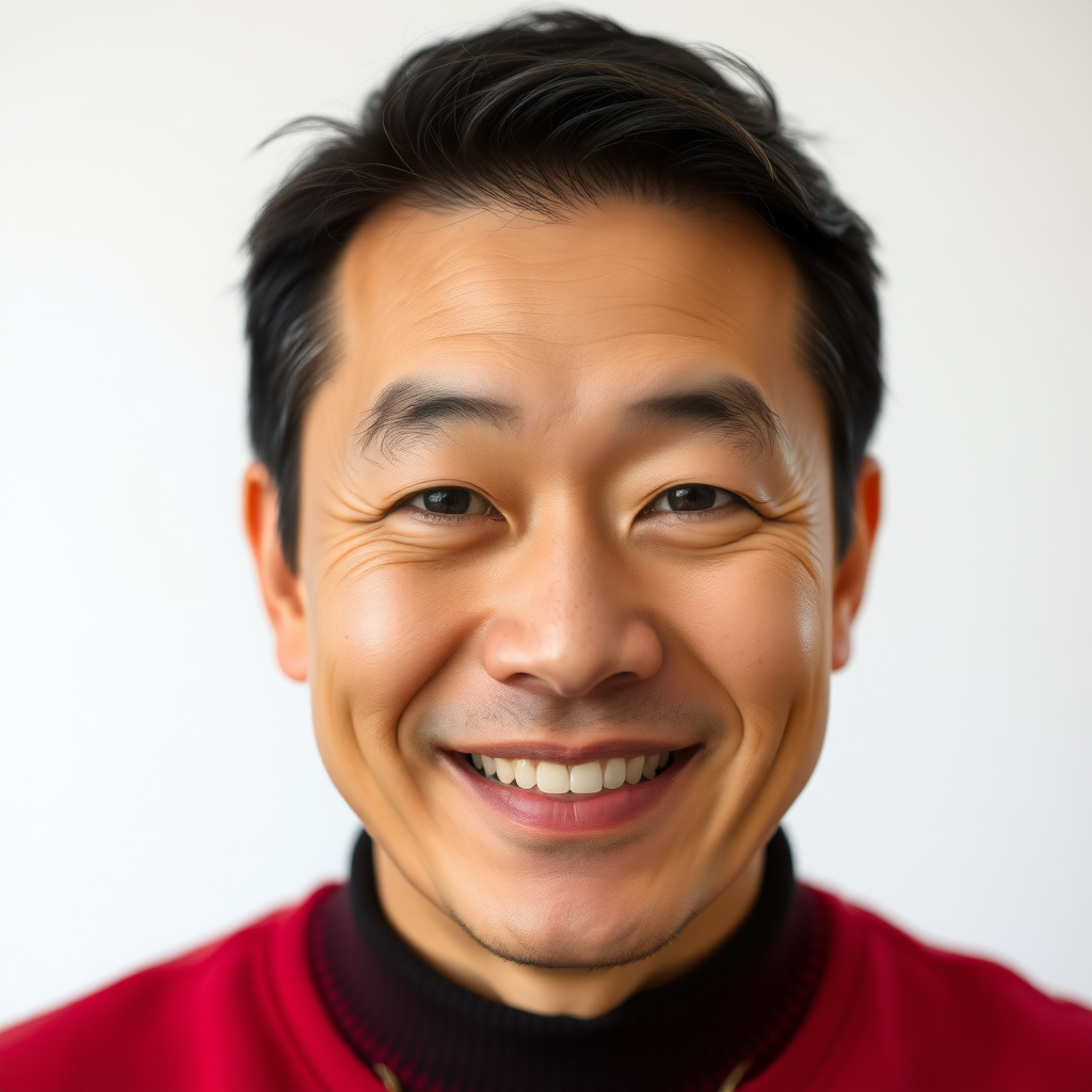 the face of a mildly smiling asian 38 year old man not showing his teeth