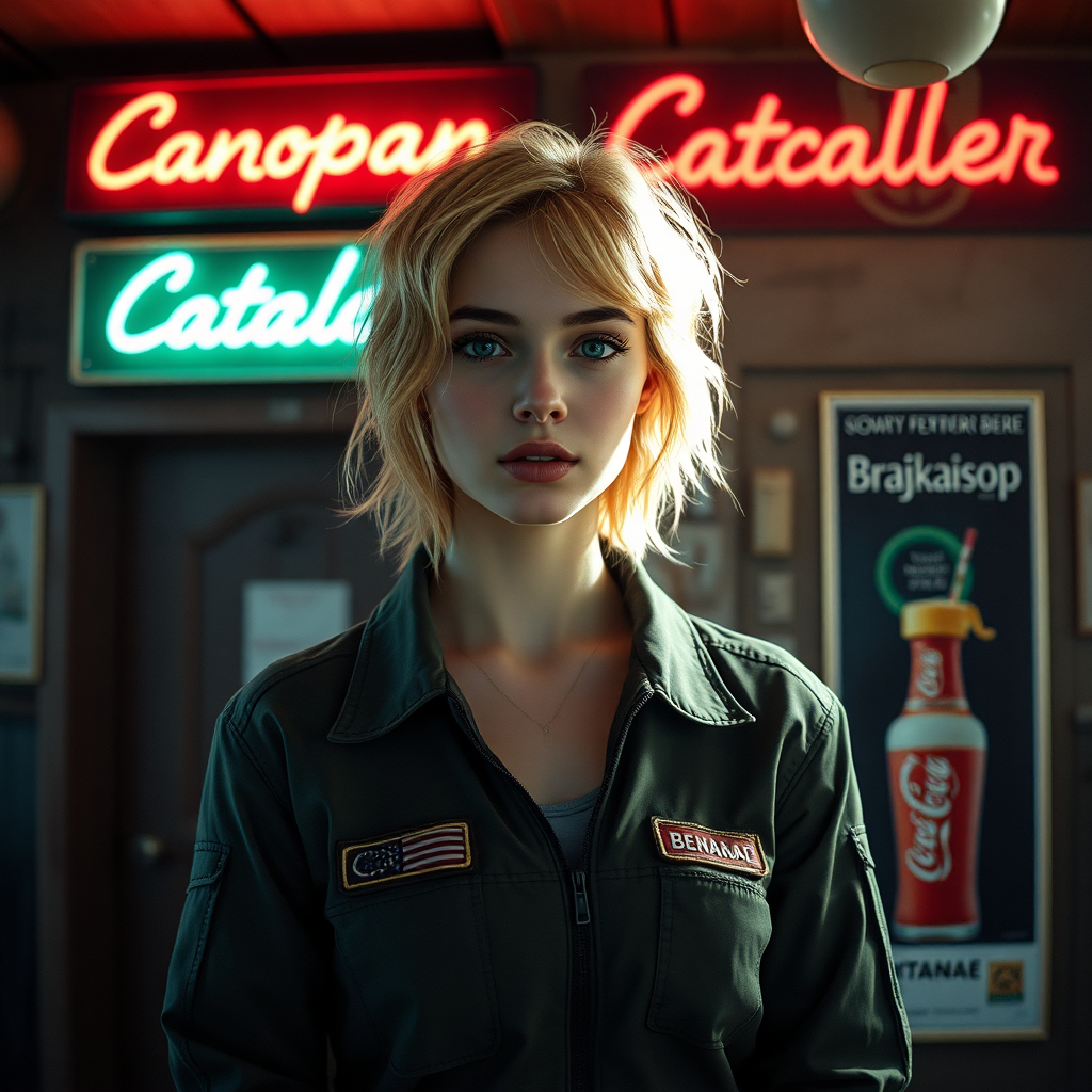 A girl with face like (Ana de Armas), pale, no makeup, messy shoulder length strawberry blonde hair, athletic, wearing a flight suit, "Benaenae" badge on the pocket. A run-down bar with the words "Canopean Catcaller" in neon above the door. Morning, bright. Advertisement for a drink called "Brajkaisop". Hyperrealistic, film grain, soft focus.