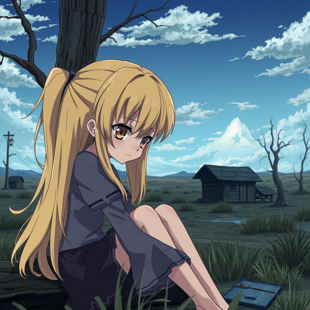 A depressed blonde anime girl with brown eyes. She is sitting lonely at a forsaken place.