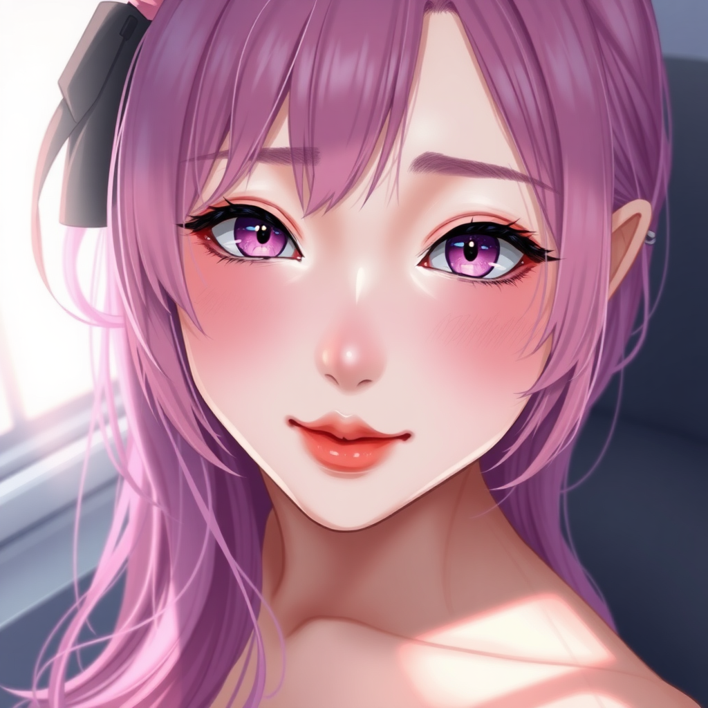 MeinaHentai model image, realistic, Delicate eyes, hyper detail, detailed pen touch, glass-like eyes, selfie, 1girl, pink hair, purple eyes, parted lips, blush, makeup, light smile, sex, sweat, wet, light rays, glow, thighs, collarbone, narrow waist, (masterpiece), wallpaper,