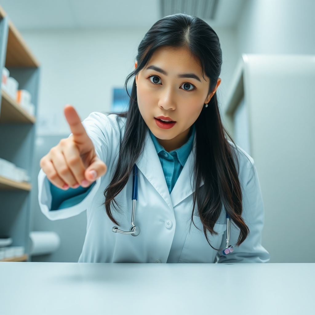 photo low angle Korean woman wearing lab coat standing and pointing her finger down toward the table in front of her. she has a surprised look on her face. she looks at the camera