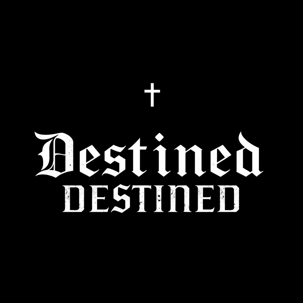 "Destined" with a sharp fort on a black background and with font. The 't' in the word is represented by a cross.