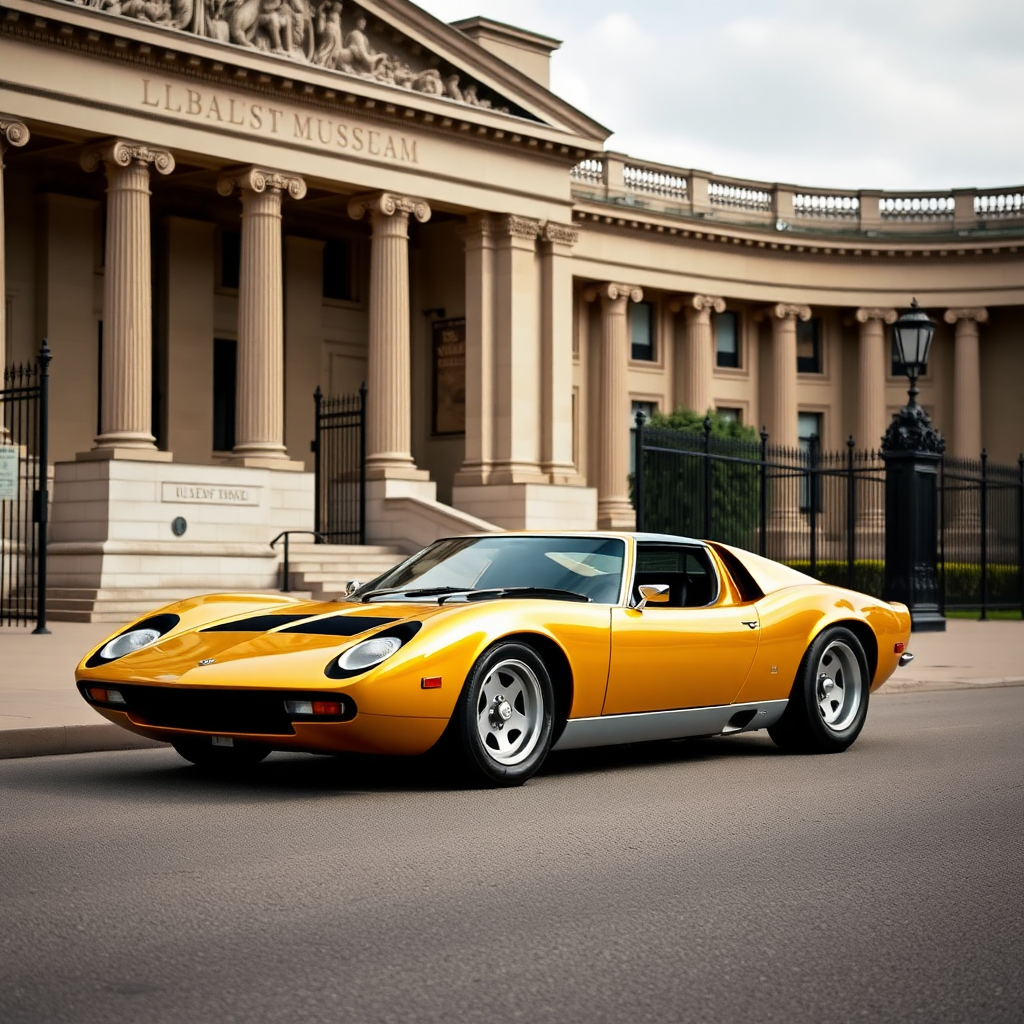 Golden Lamborghini Miura parked in front of British Museum