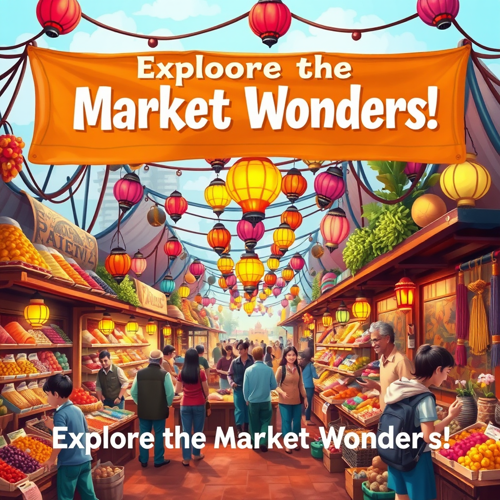 An imaginative scene of a bustling bazaar with vibrant stalls selling spices, textiles, and handmade crafts, colorful lanterns hanging overhead, people bargaining joyfully, and a banner that reads, "Explore the Market Wonders!"