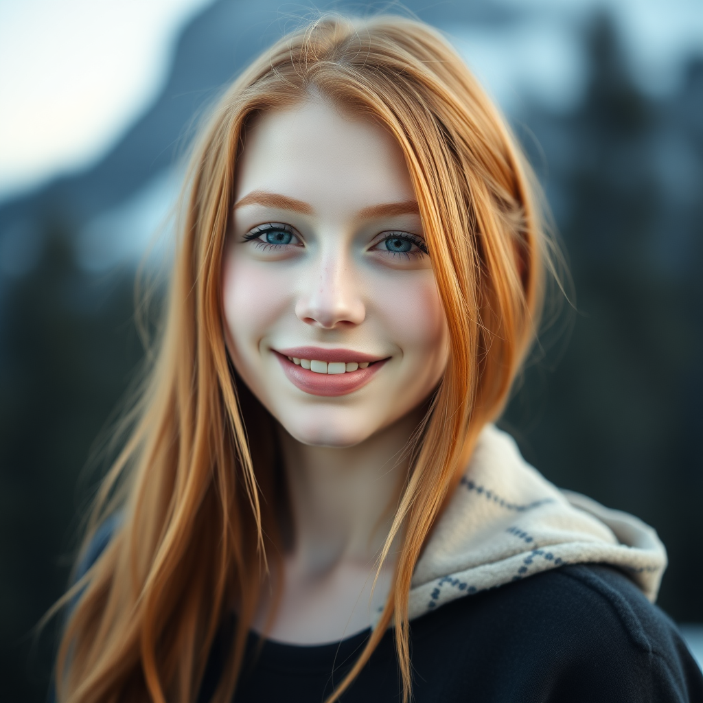 beautiful young woman with ginger long hair, full lips, pale skin, on Alaska, smiling