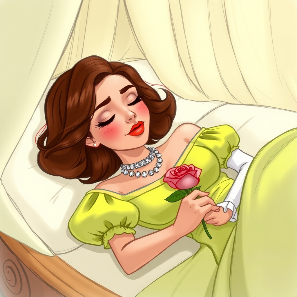 Disney sketch of an alluring, feminine 19-year-old Pakistani prince with short wavy brown hair in a bob with ringlets, rose lipstick, rose blush, long eyelashes, narrow face, wearing a lime green off-shoulder puff sleeve dress with a flowing skirt and white sleeves and a diamond festoon necklace. Sleeping in a funeral bier, eyes closed, holding a rose; the bedroom is covered by a large curtain in a palace room as the beauty rests forever in a deep death-like sleep.