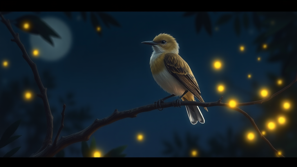 Mockingbird sitting on a branch at night and little fireflies around animation.