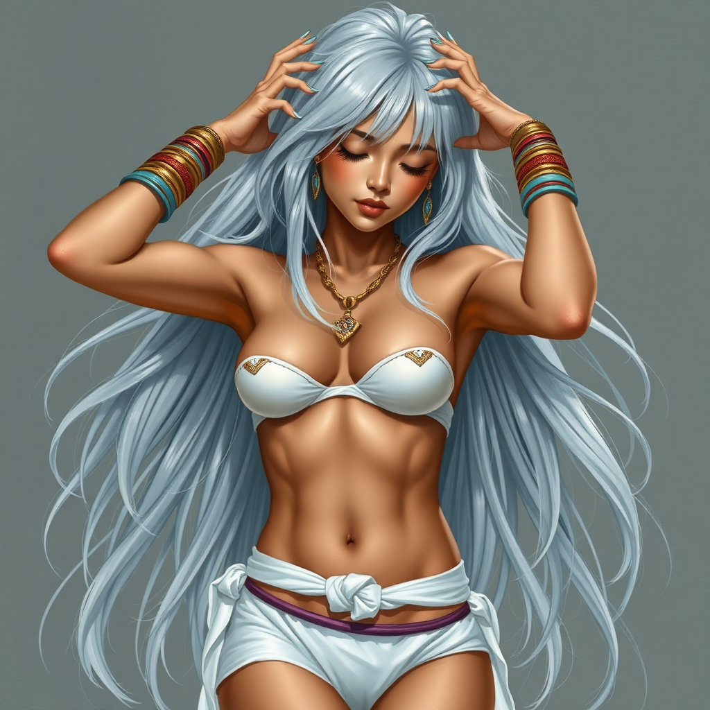 Girl, toned and muscular and has abs. silvery flowing hair. Her fingers and toenails are painted sky-blue. Her attire consists of a white primitive scant revealing two-piece bikini-like outfit with pale red, sky-blue, gold and purple bands on her neck, arms, wrists, shins, and ankles. Tan skin. Asian face. Tilted Sexy exaggerated pose. Hands on head, exposing armpits. fantasy painting high contrast, well-drawn, highly detailed, and beautiful rendering. Eyes closed