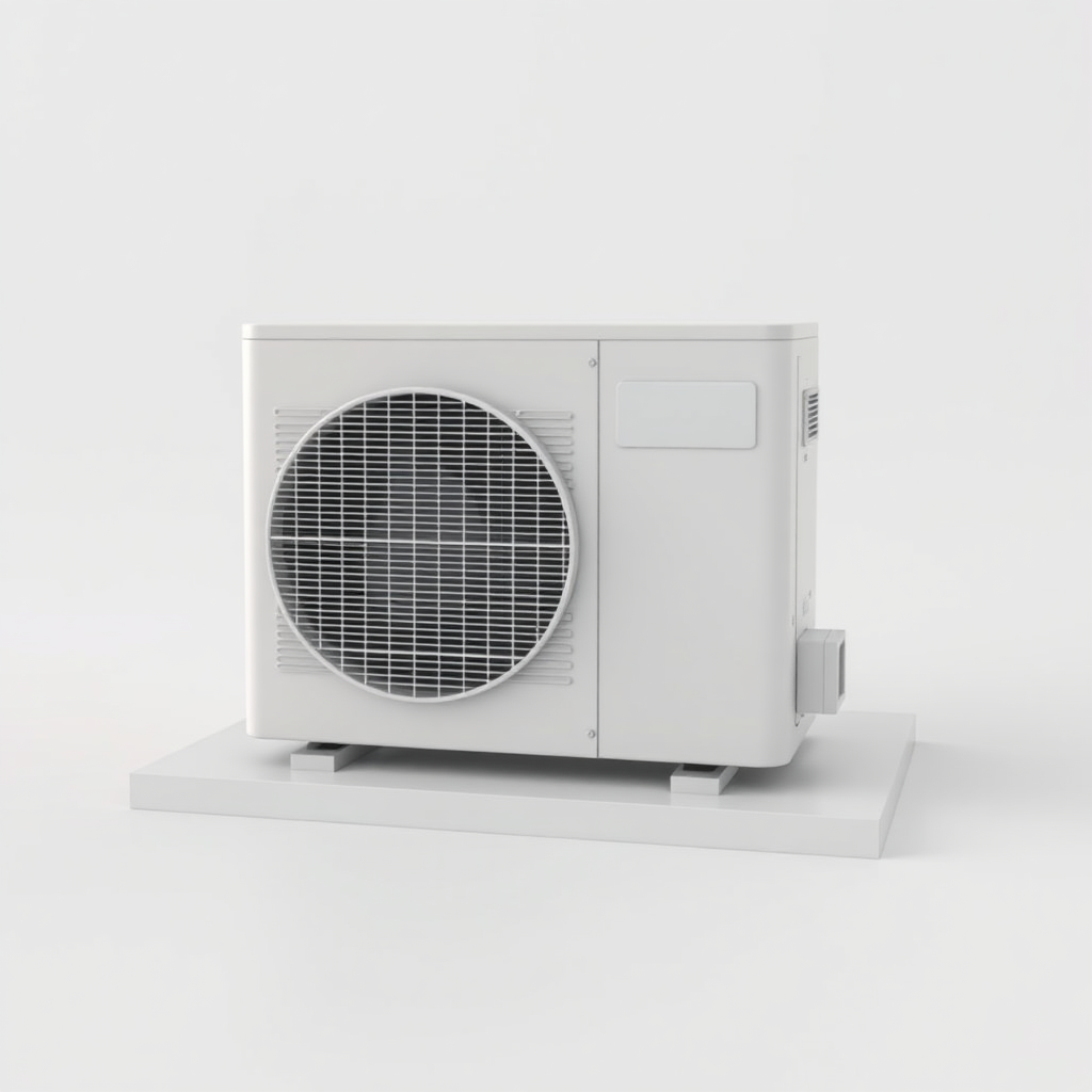 A simple, 3D model of a standard residential outdoor air conditioning unit or condenser. The unit should be placed on a flat surface. The unit should be a neutral color. Plain, uncluttered background. No text.