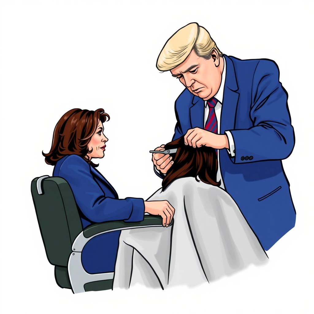 Kamala Harris sitting in a barbershop while Donald Trump cuts her long hair.  Plain gray background.