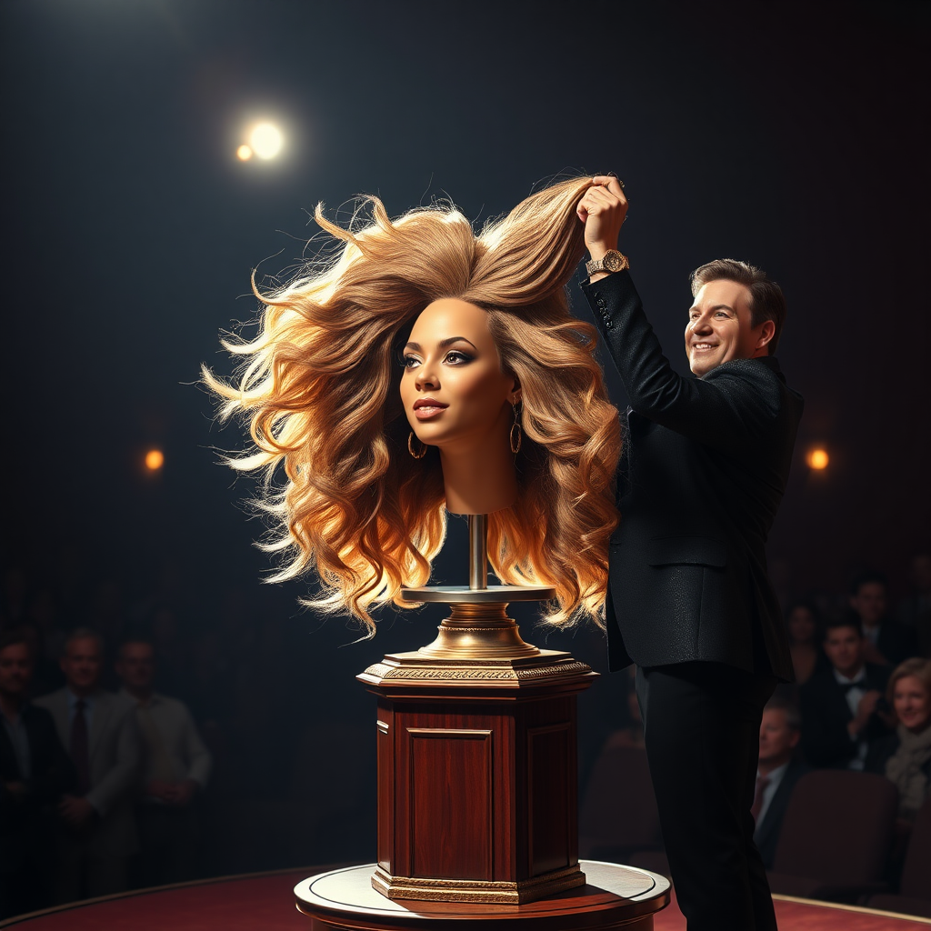 In a dimly lit theater, the atmosphere crackles with anticipation, the audience's murmurs a blend of curiosity and skepticism. On a grand, elegantly adorned display stand sits the disembodied head of the enchanting Beyoncé, her radiant skin glistening under the soft, warm glow of the spotlight. Her striking features are perfectly framed by cascading locks of lustrous, very long hair that shimmer with hues of light brown and hints of rich mahogany, reminiscent of polished silk.

Standing beside her is the magician, a charismatic figure in a sharp, tailored suit that glints with sequins in the light. With theatrical flair, he holds her voluminous hair aloft, fingers splayed wide, deftly spreading it out like a shimmering waterfall, mesmerising the audience. The hair flows like liquid night, each strand capturing the light as it falls gracefully to the ground, creating a stunning, almost surreal contrast against the stark wooden stage.

The magician’s face is lit with a confident smile, his eyes sparkling with the thrill of the performance, as he engages the audience with playful banter. Their gasps and laughter echo throughout the room, a symphony of wonder and disbelief. The scent of polished wood and fresh popcorn wafts through the air, mingling with the underlying electricity of the moment. Time seems to stand still as the audience leans in, captivated by the spectacle, a seamless blend of illusion and artistry that promises to defy reason and ignite imagination.