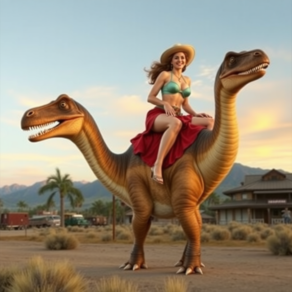 a pinup model riding into town on a brontosaurus