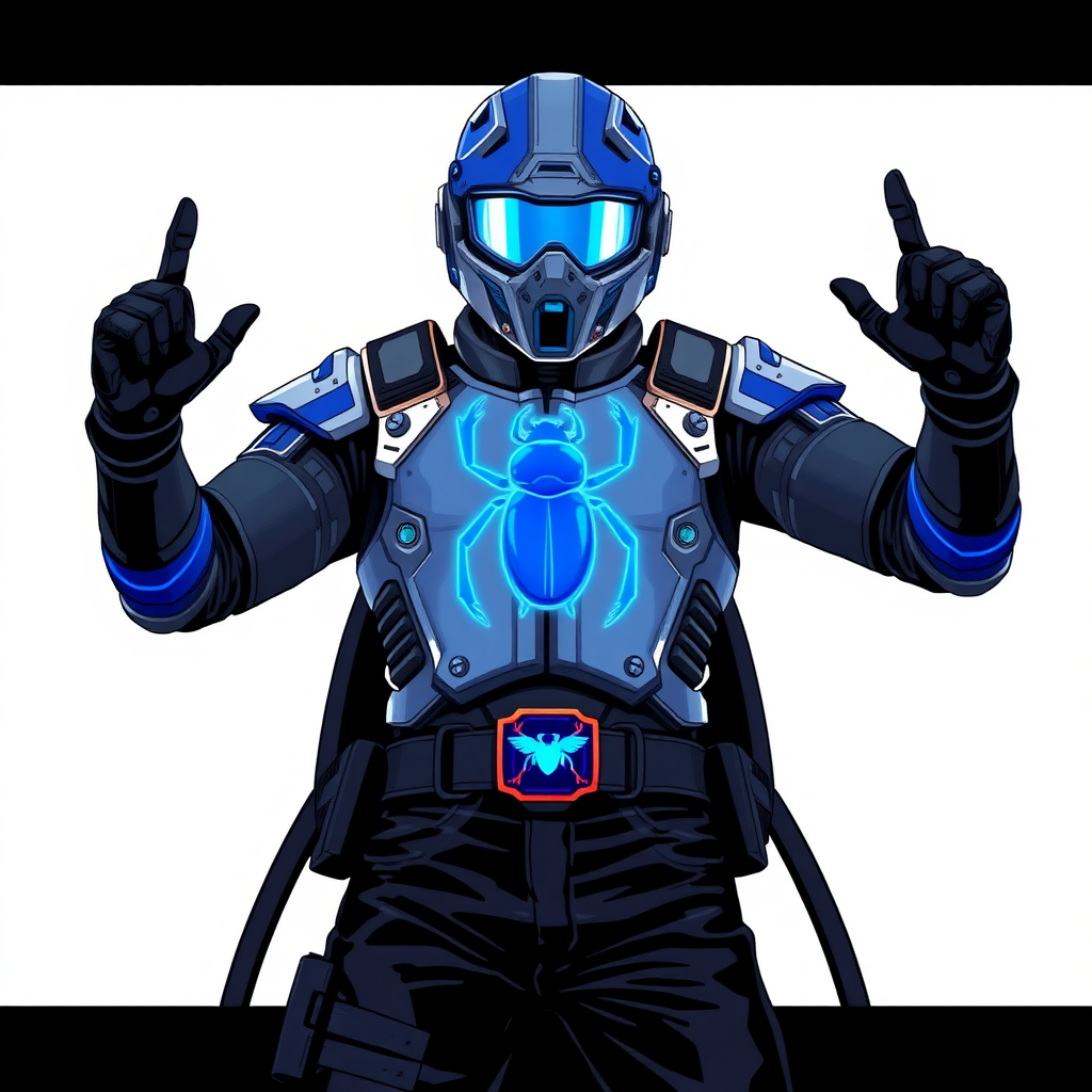 A 28-year-old cyberpunk vigilante stands heroically, clad in hi-tech, maximum blue tactical armor featuring a neon blue beetle on the chest. He wears black biker pants, a black belt with a sapphire beetle buckle, and a helmet resembling a sleek, tactical design, but colored maximum blue with neon blue lenses. Their hands are protected by black hi-tech gloves, all set against a solid white background. He is drawn as if he was in a retro 2D cyberpunk fighting game.