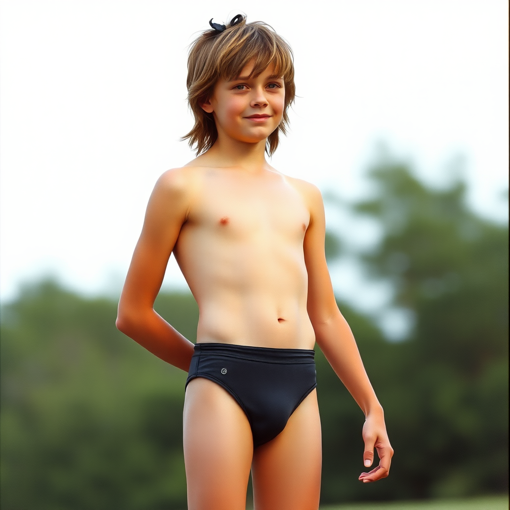 A skinny 14yo teen boy, long hairs bow cut, wearing tight narrow speedo, long legs, narrow thighs. full-length view. 1980s. photorealistic, ultra high resolution, 16K, Negative: grainy, blurry, bad anatomy, extra limbs, watermark.