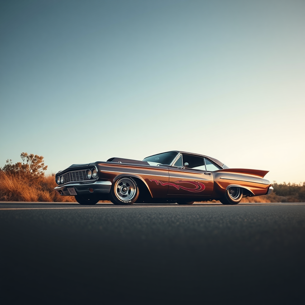 The drag car is parked on the side of the road, inspired by Taiyō Matsumoto, tumblr, restomod, nd4, c4 metallic shine classic American low rider custom paint ford alev desenler