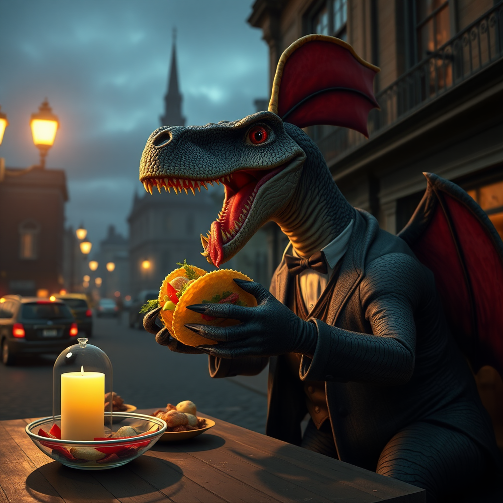 A vampire dinosaur selling tacos in Victorian England, tacky, grand theft Auto, crabs, midnight.