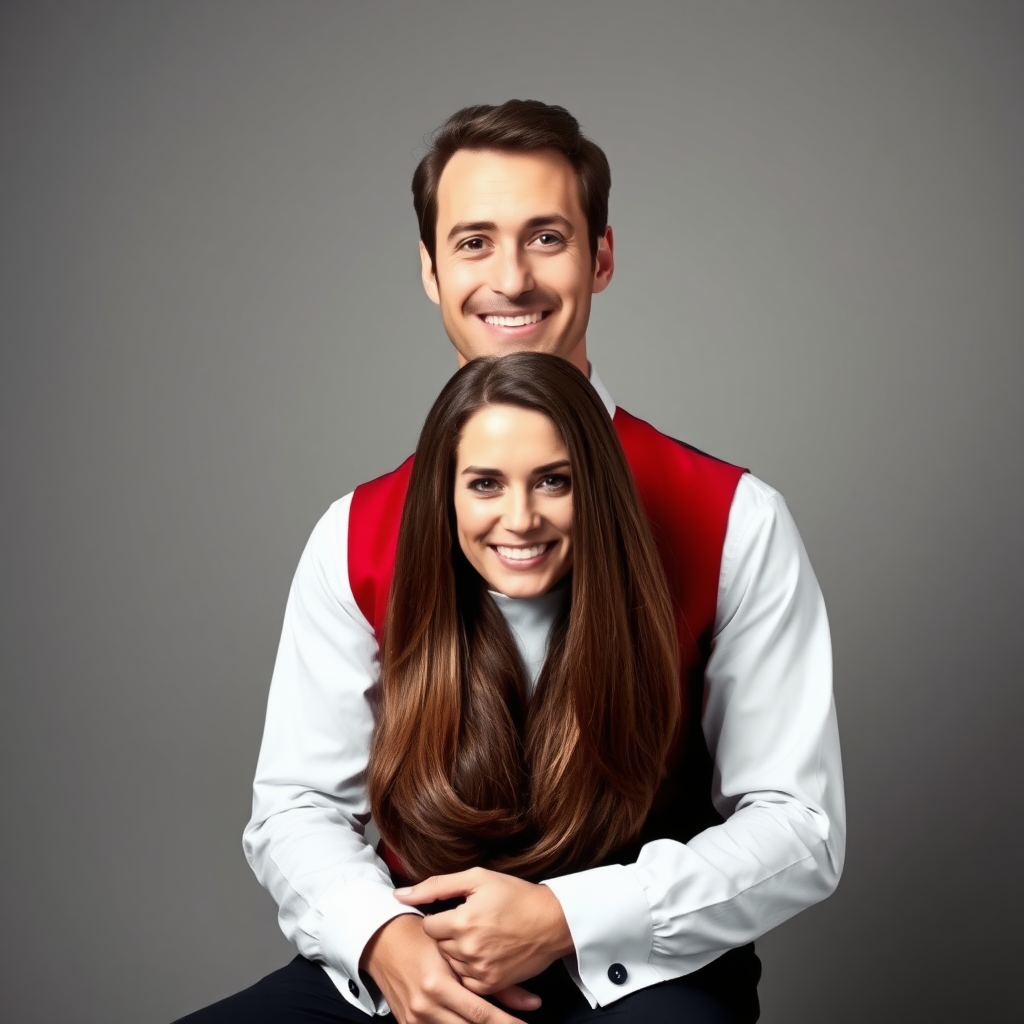 A surreal image of a smiling male magician holding the disembodied head of a very long haired Kate Middleton on his lap. Plain gray background.