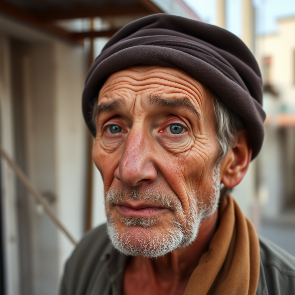 Very old wrinkled man with a thoughtful face in a Mediterranean environment.