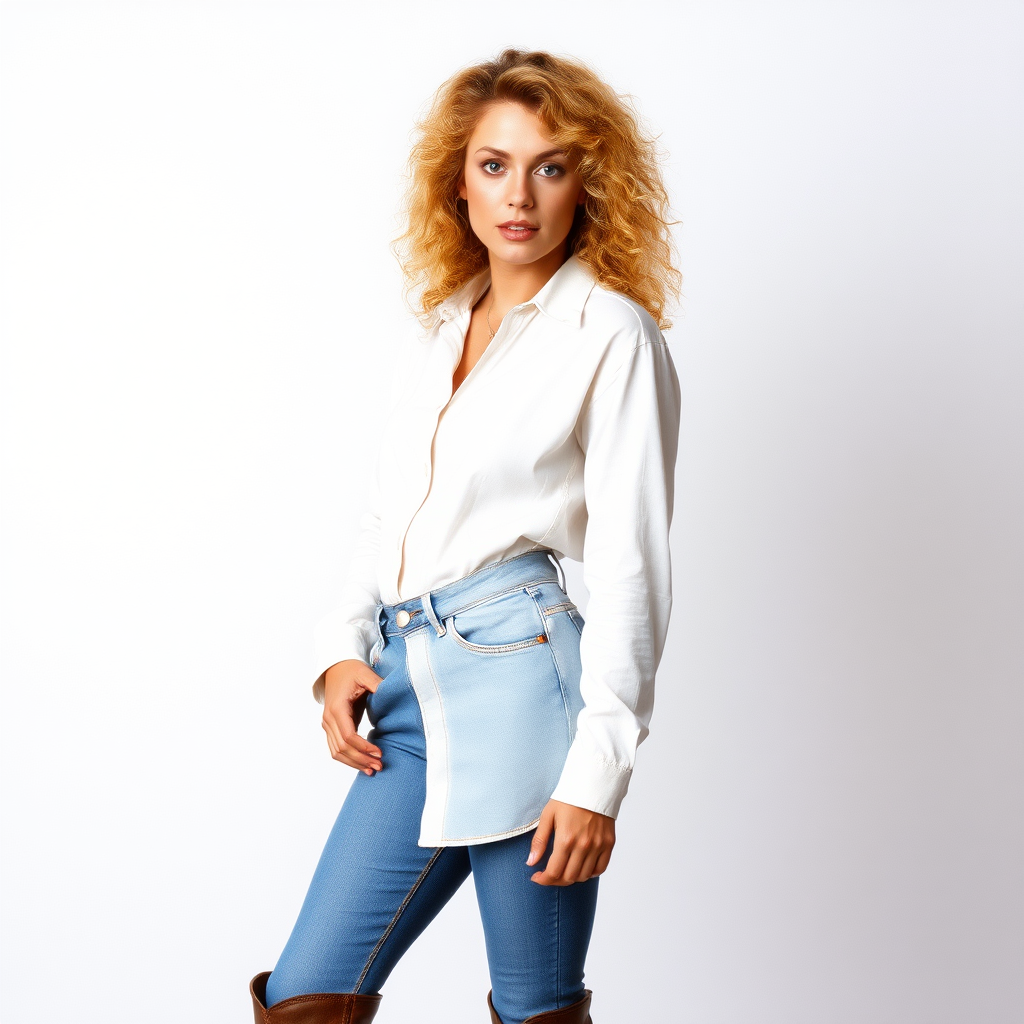 1990s curly blonde woman in a white shirt, denim jeans and boots photoshoot