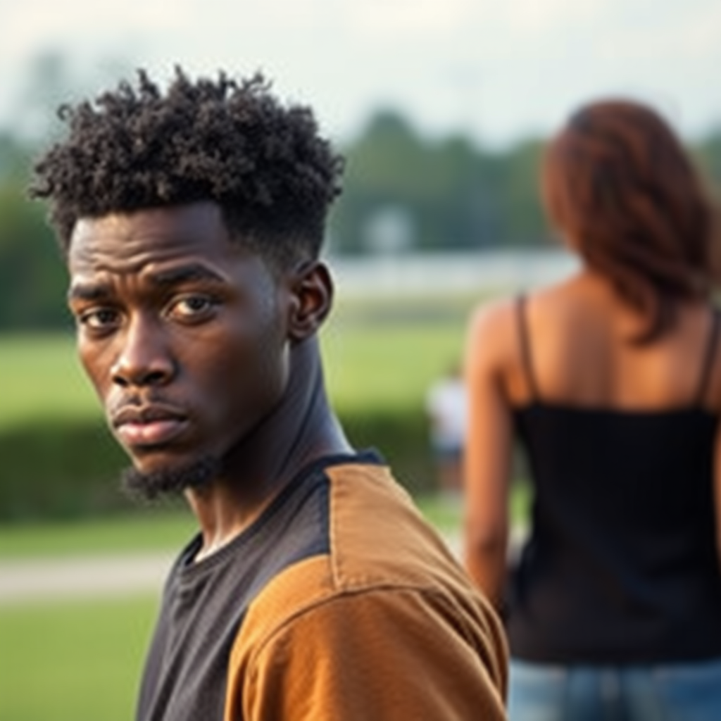 Picture of a 25 year old African American male who's sad while a beautiful 25 year old African American female walks away from him. You see the woman's backside walking away from the man as he faces the camera.