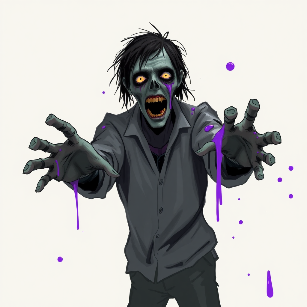 Stylized sci-fi digital drawing. Zombified person approaching the viewer with arms reaching out. Purple goo smears.