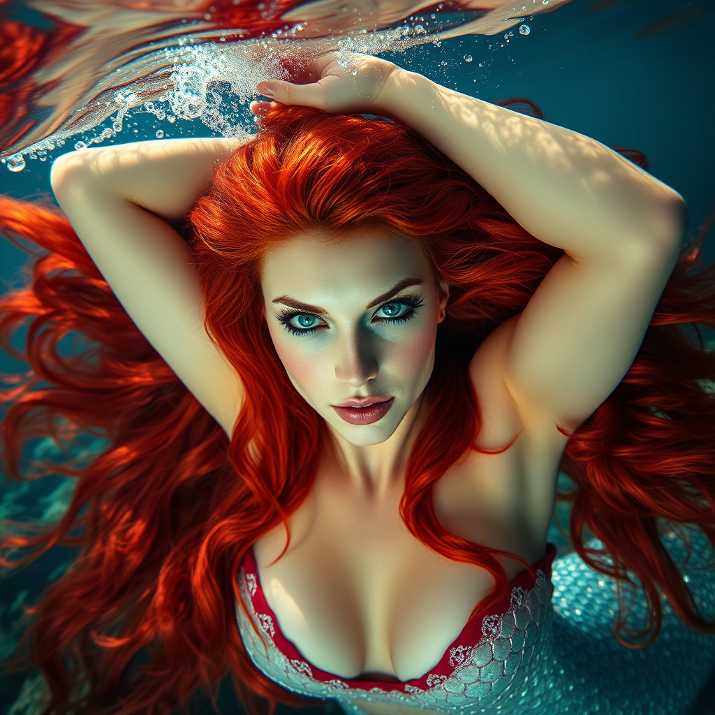 Red Sonja underwater amazing loose flowing hair floating in a nimbus around her beautiful face her arms outstretched languidly over her head. she's looking down into the viewer's eyes making intense eye contact. diaphanous gossamer. Burlesque. Stunning undersea life details plants and fish and other creatures of the sea. Impressive, shining scaled mermaid tail. Amazing HD DSLR photographic output.